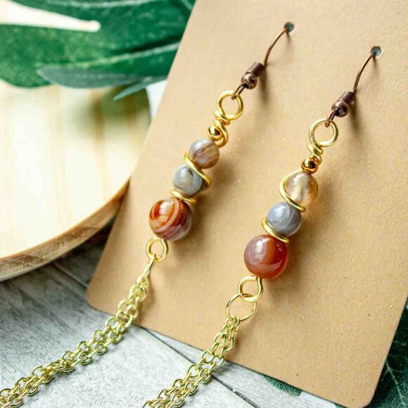 Elegant Three-Bead Multicolor Agate Dangle Earrings with 14k Gold Chain - Picture 3 of 9